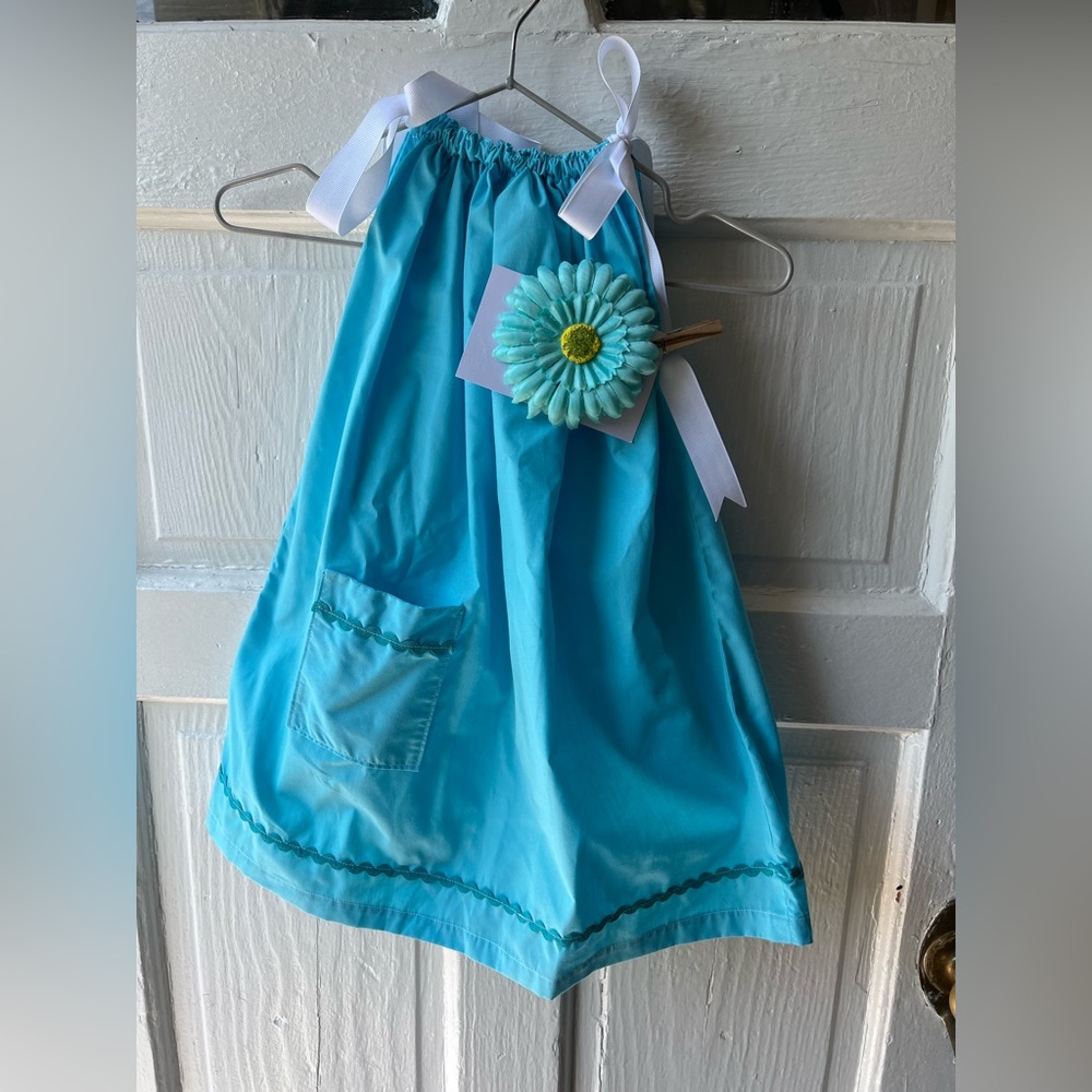 Girl Turquoise Vintage Style Pillowcase Dress & Hair Bow Set OS 24” 4T 5 6 7 NWT